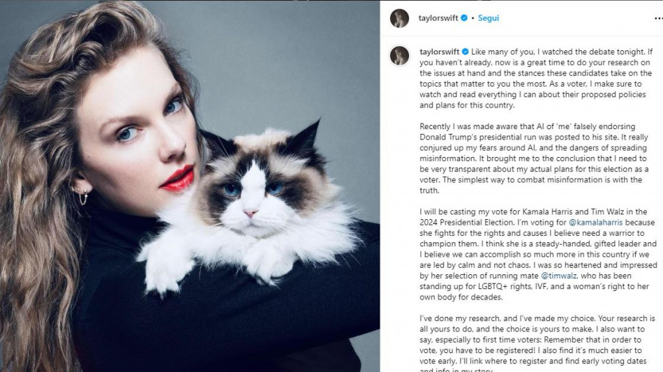 Taylor Swift d&agrave; l'endorsement a Kamala Harris